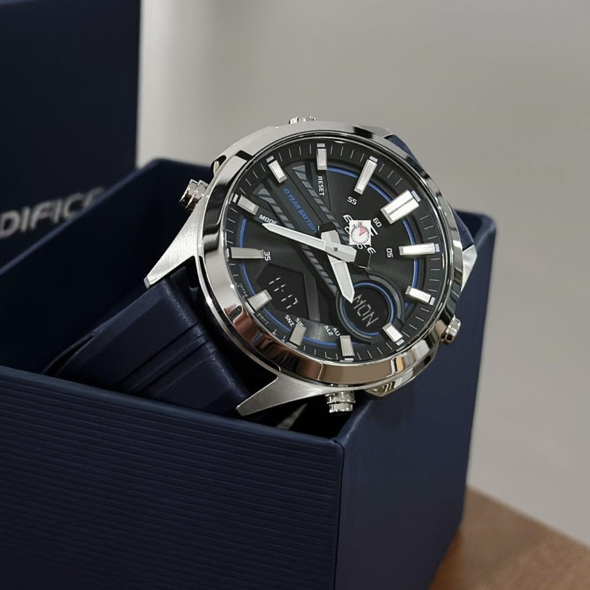 Cas-io Edi-fice Men's Watch – Analog-Digital World Time – 100M Water Resistant & Navy Sport Strap